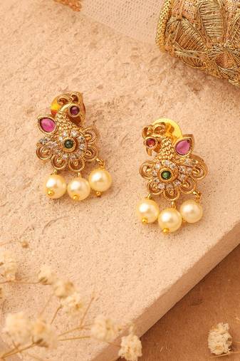 Gold Stud Earrings with Peacock Design and American Stones
