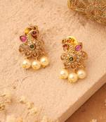 Gold Stud Earrings with Peacock Design and American Stones