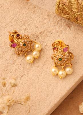 Gold Stud Earrings with Peacock Design and American Stones 2