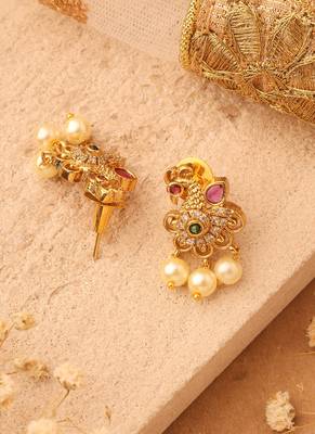 Gold Stud Earrings with Peacock Design and American Stones 3