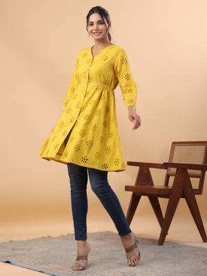 Janasya women's mustard cotton schiffli a-line tunic 1