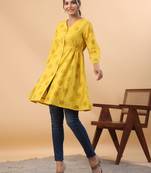 Janasya women's mustard cotton schiffli a-line tunic
