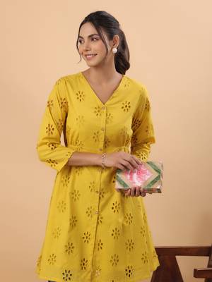 Janasya women's mustard cotton schiffli a-line tunic 2