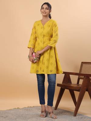 Janasya women's mustard cotton schiffli a-line tunic 3