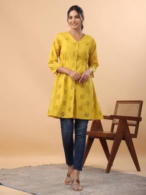 Janasya women's mustard cotton schiffli a-line tunic 4