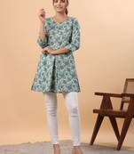 Janasya women's sage green cotton floral a-line tunic