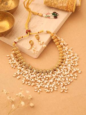 Gold Plated South Indian Style Necklace with Pearl Drops 2