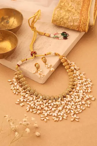 Gold Plated South Indian Style Necklace with Pearl Drops