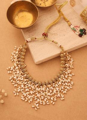 Gold Plated South Indian Style Necklace with Pearl Drops 4