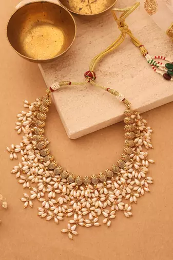 Gold Plated South Indian Style Necklace with Pearl Drops