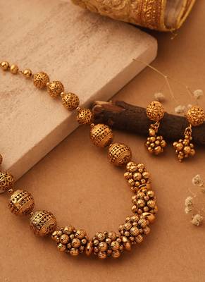 Gold Plated Beaded Necklace Set - Alloy Antique Temple Jewelry 3