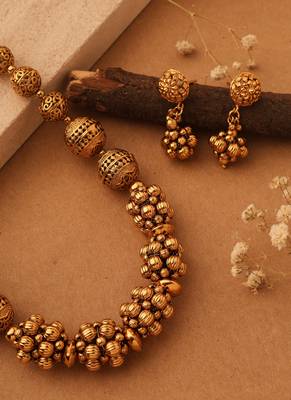Gold Plated Beaded Necklace Set - Alloy Antique Temple Jewelry 4