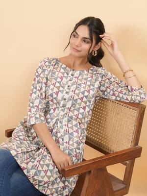 Janasya women's off white cotton geometric regular tunic 2