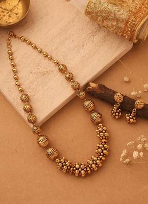 Gold Plated Beaded Necklace Set - Alloy Antique Temple Jewelry 1