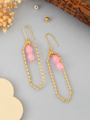Pink beads and gold plated statement earring for women 2