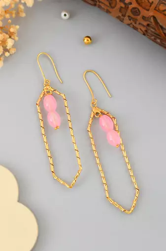 Pink beads and gold plated statement earring for women