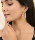 Pink beads and gold flower statement earring
