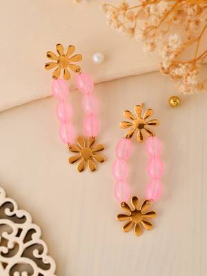 Pink beads and gold flower statement earring 2