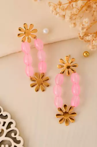 Pink beads and gold flower statement earring