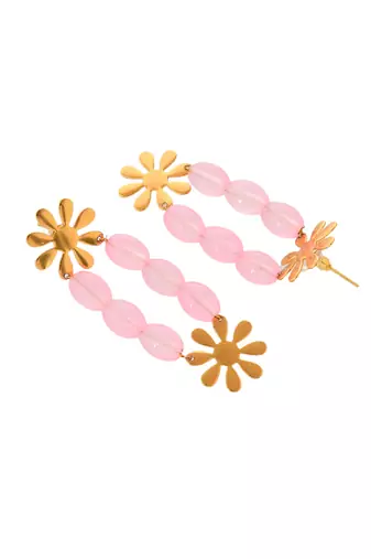 Pink beads and gold flower statement earring