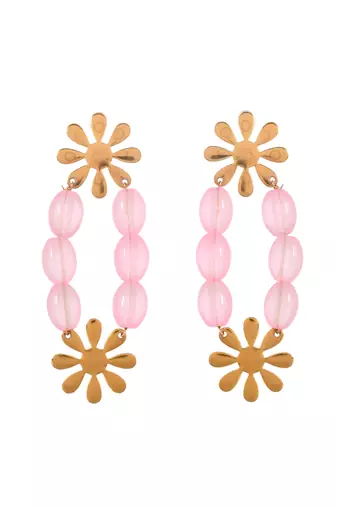 Pink beads and gold flower statement earring