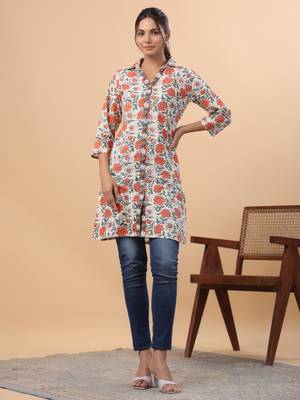 Janasya women's cream cotton floral a-line tunic 1