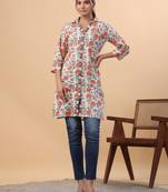 Janasya women's cream cotton floral a-line tunic