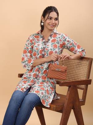 Janasya women's cream cotton floral a-line tunic 2