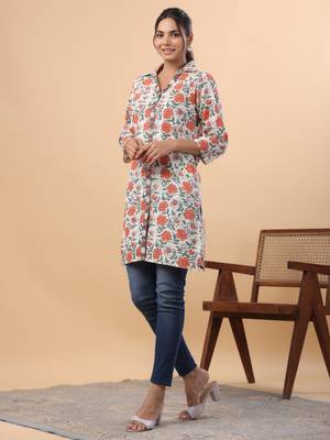 Janasya women's cream cotton floral a-line tunic 3