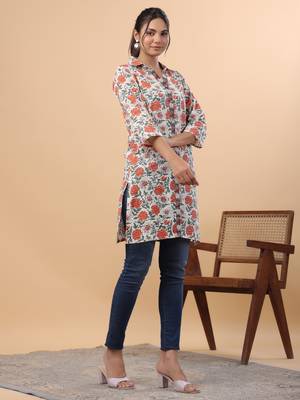 Janasya women's cream cotton floral a-line tunic 4