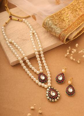 Long Double Pearl Necklace Set with Kundan Stone Pendant 3