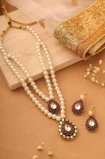Long Double Pearl Necklace Set with Kundan Stone Pendant