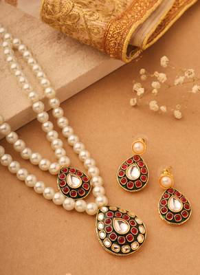 Long Double Pearl Necklace Set with Kundan Stone Pendant 1