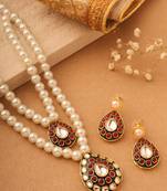 Long Double Pearl Necklace Set with Kundan Stone Pendant