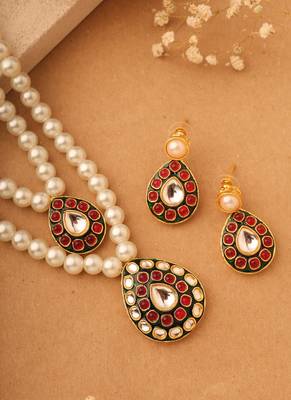 Long Double Pearl Necklace Set with Kundan Stone Pendant 4