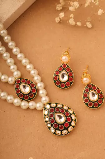Long Double Pearl Necklace Set with Kundan Stone Pendant