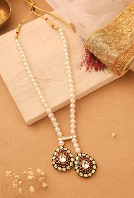 Long Pearl Necklace Set with Kundan Stone Pendant 1