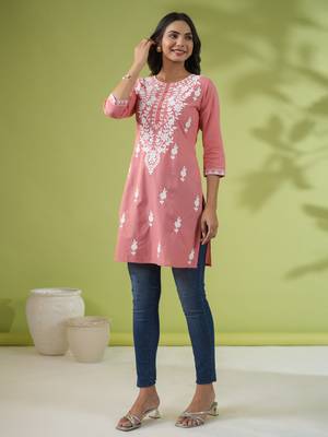 Janasya women's peach cotton chikankari regular tunic 3
