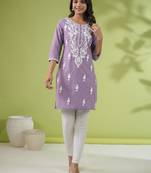 Janasya women's lavender cotton embroidered regular tunic