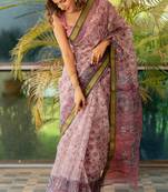 Light dusty pink kota doria/polyester floral print/kalamkari print golden zari border saree with unstitched blouse piece