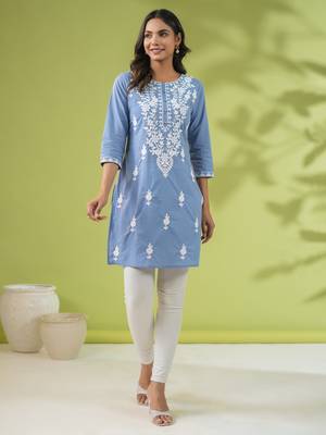 Janasya women's blue cotton embroidered regular tunic 1
