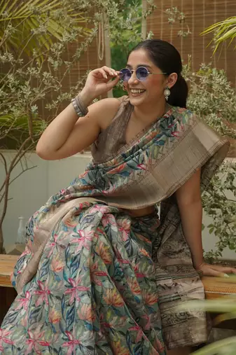 Dusty green cotton blend floral print golden woven border saree with unstitched blouse piece