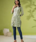 Janasya women's sage green cotton chikankari regular tunic