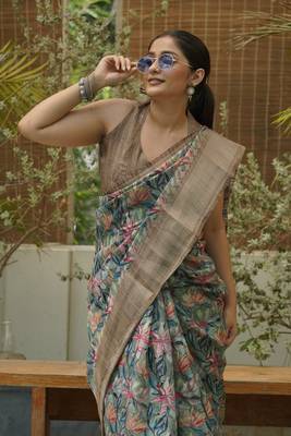 Dusty green cotton blend floral print golden woven border saree with unstitched blouse piece 1
