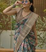 Dusty green cotton blend floral print golden woven border saree with unstitched blouse piece