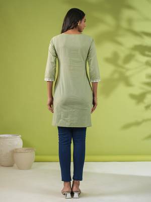 Janasya women's sage green cotton chikankari regular tunic 4