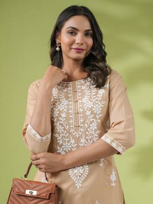 Janasya women's beige cotton chikankari regular tunic 1