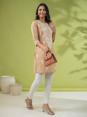 Janasya women's beige cotton chikankari regular tunic 2