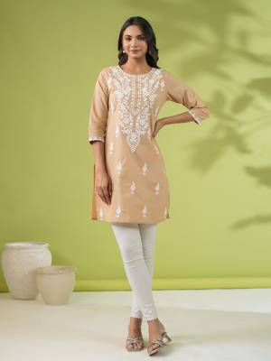 Janasya women's beige cotton chikankari regular tunic 3