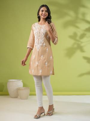 Janasya women's beige cotton chikankari regular tunic 4